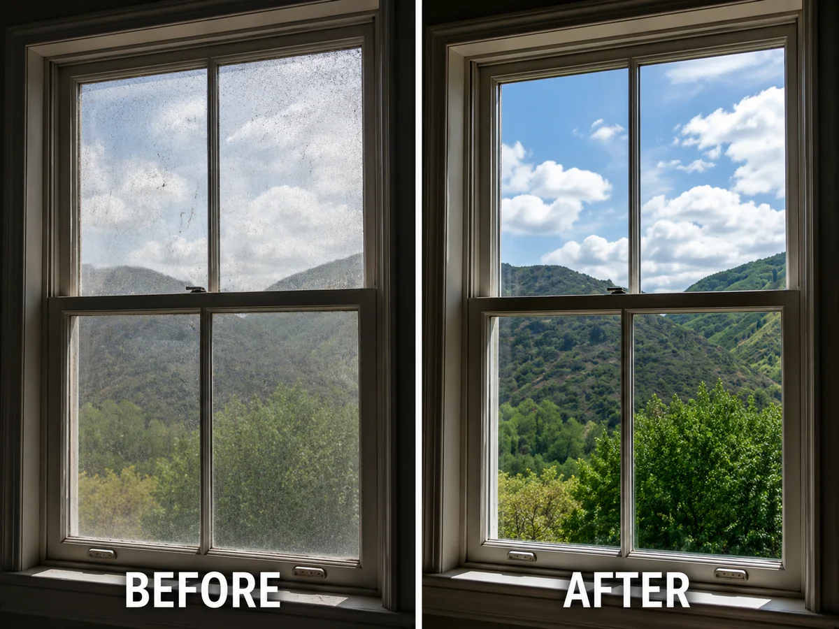 Before and after window cleaning result with a clear mountain view